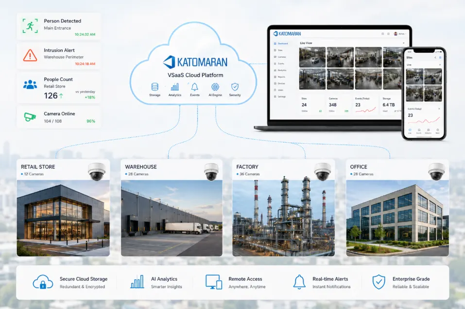 Cloud VMS monitoring retail, warehouse, factory, and office sites
