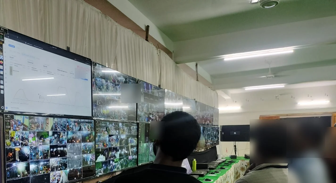 Control-room team watching the Katomaran video wall and live crowd trend dashboard